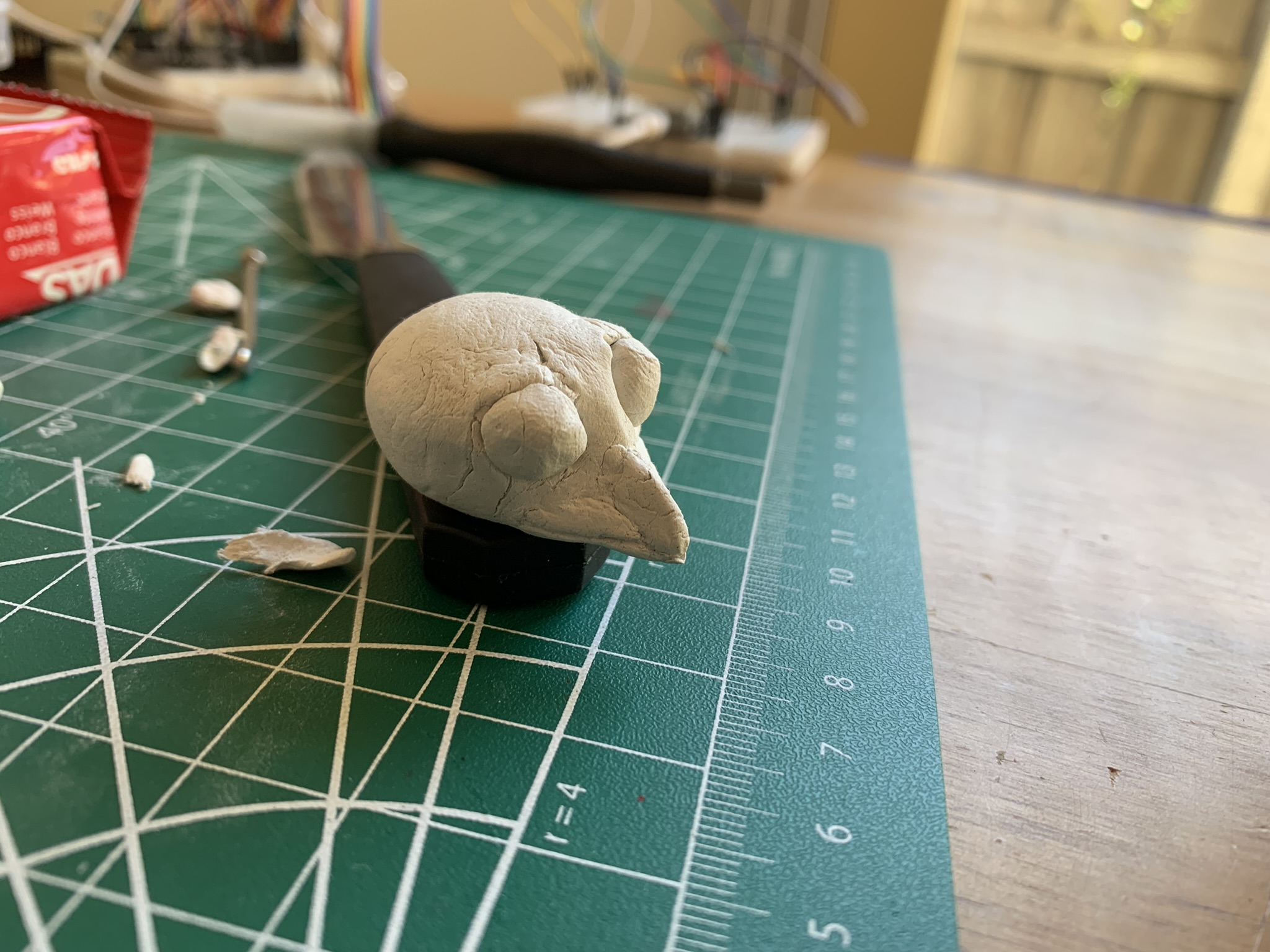 The head was sculpted from air dry clay. This led to cracking on the surface which ultimately improved the "surreal" look that was trying to be achieved.