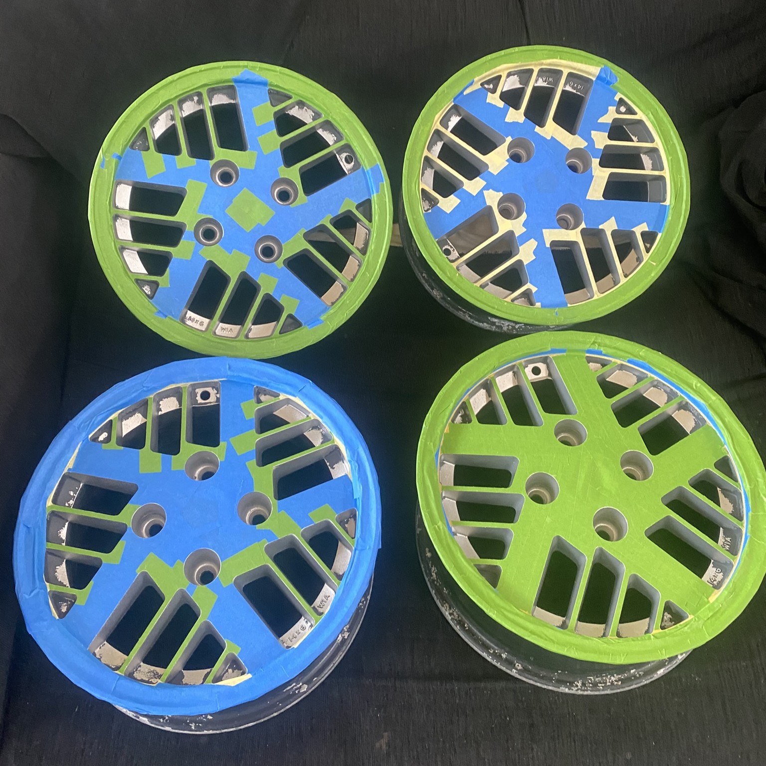 The rims were painstaking masked, ready to for the black to be repainted.